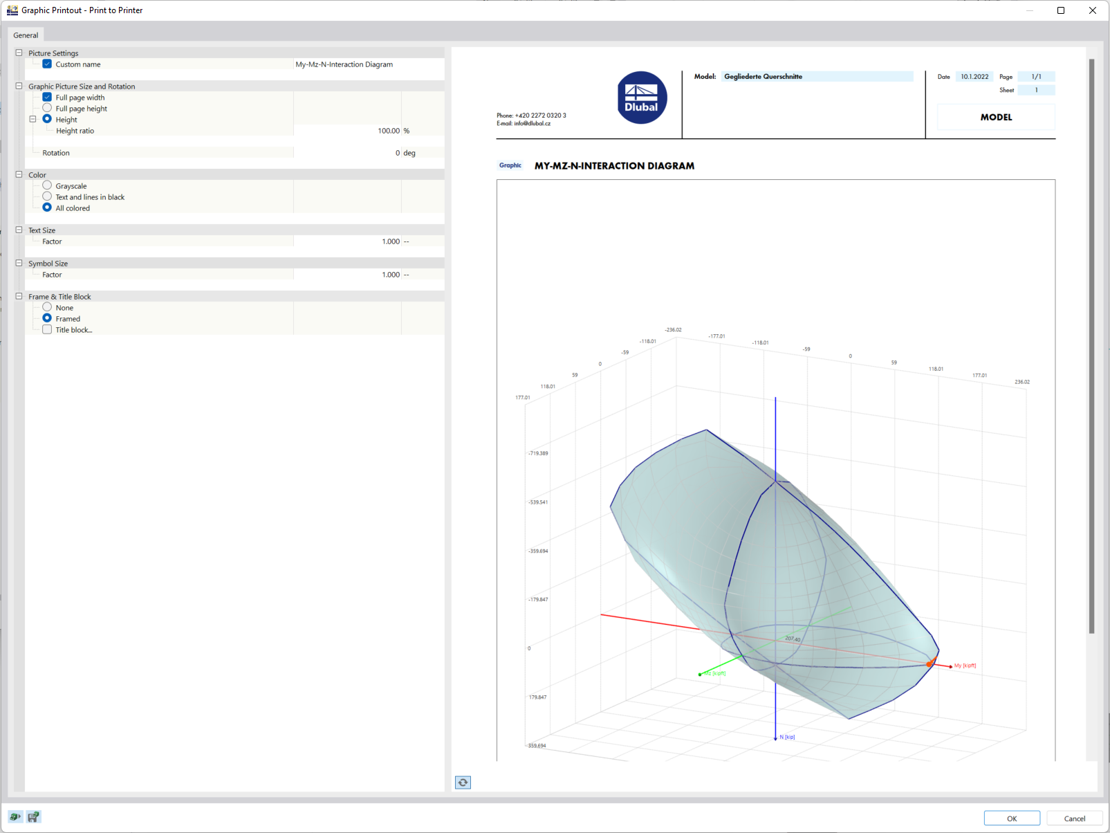 My-Mz-N interaction diagram for the display of moment-force relation in a structural analysis system.