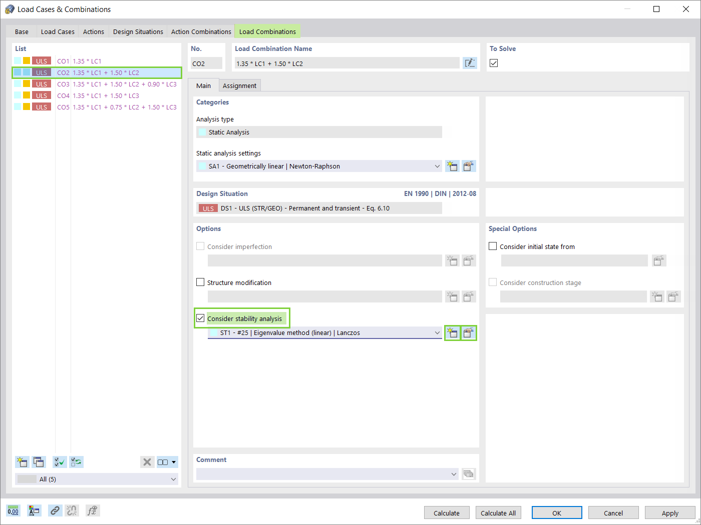 Consideration of Stability Analysis in Terms of Load Cases/Combinations