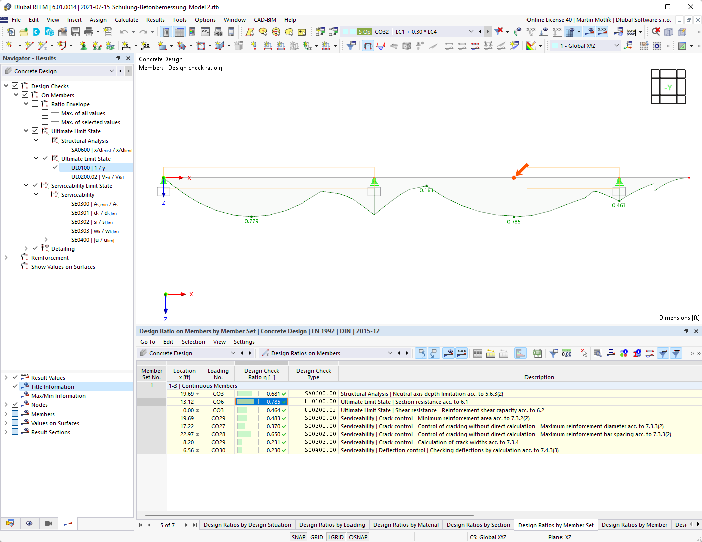 Detailed display of design check details with tables and graphical results. Clearly structured information on standard verifications.