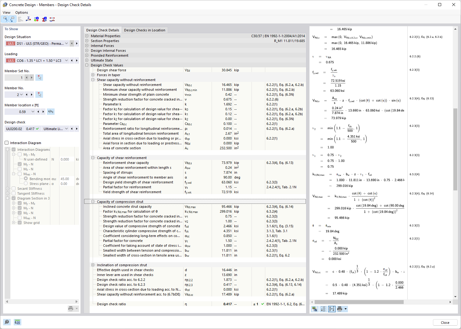 Clear display of design check details, input values, intermediate results and final results.