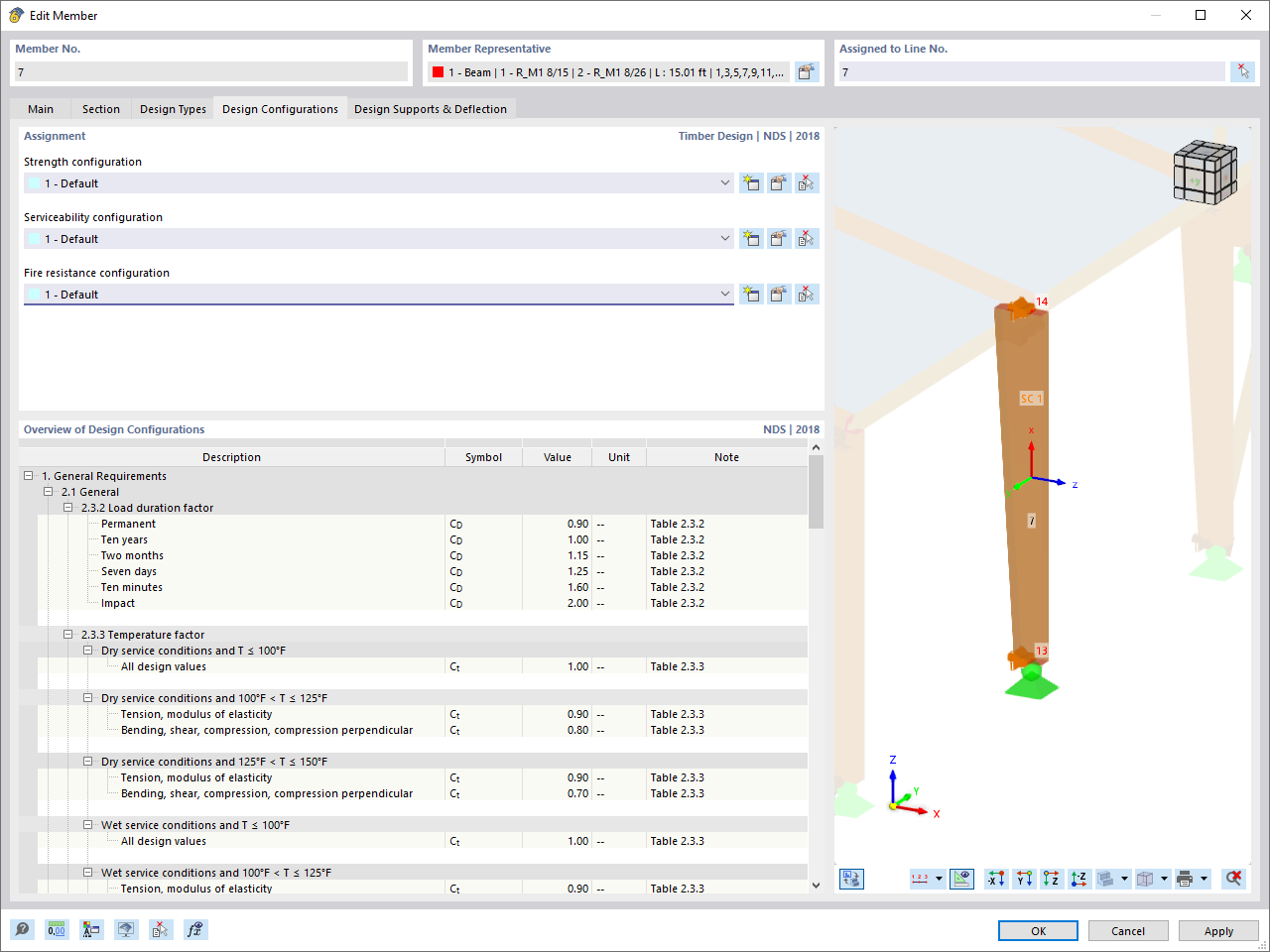 Dialog Box "Edit Member", Tab "Design Configurations" for Timber Design