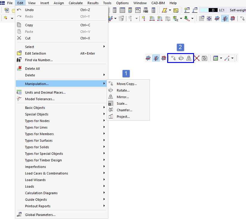 Modeling Tools in Menu "Edit" and Buttons in Toolbar