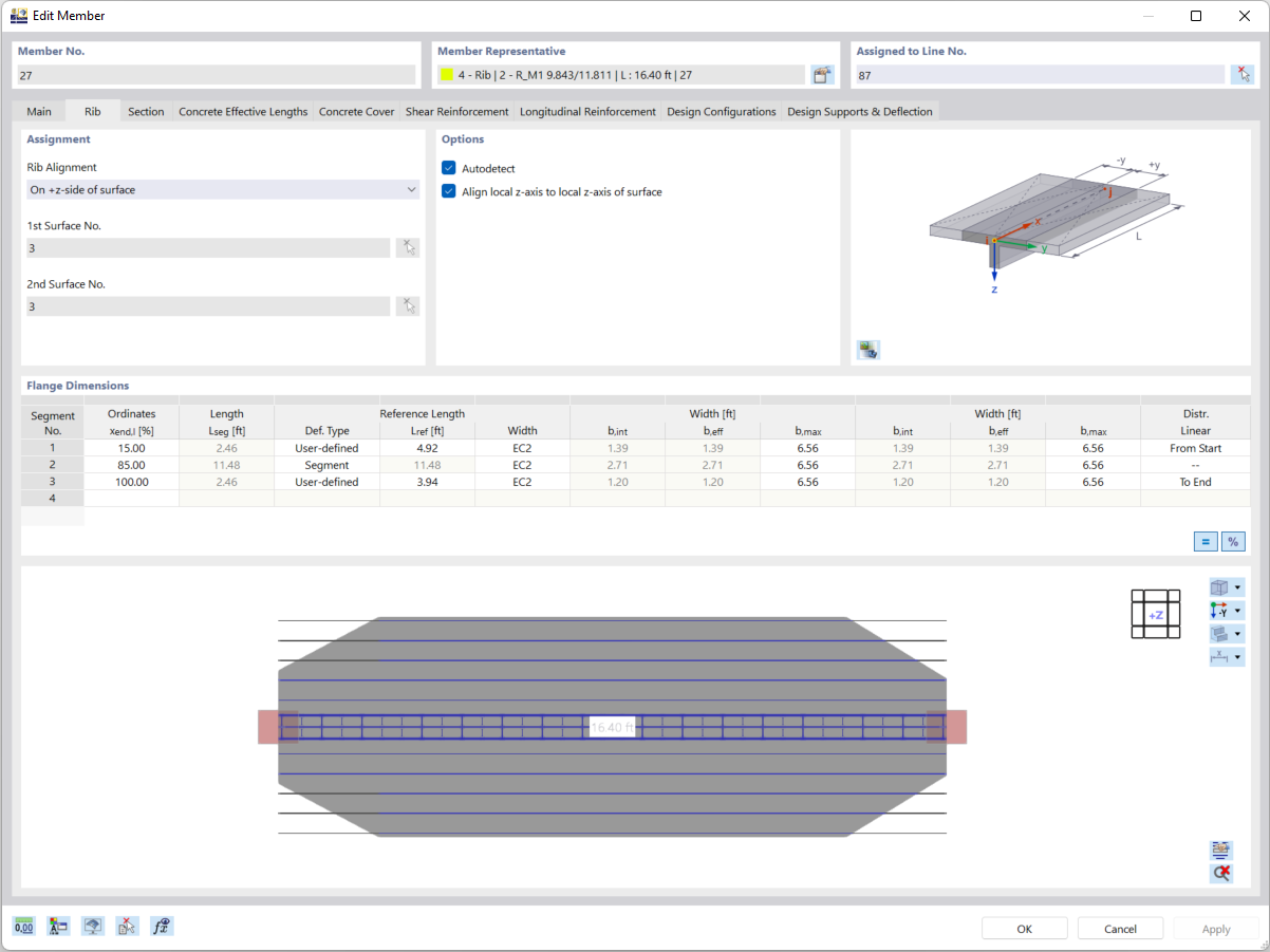 Individual definition of flange widths of ribbed T-beams by segments. Integration of the surface reinforcement.