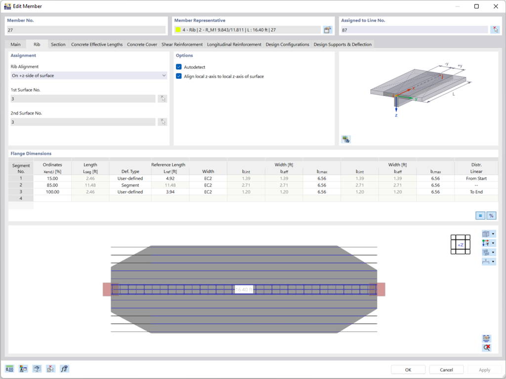 Individual definition of flange widths of ribbed T-beams by segments. Integration of the surface reinforcement.