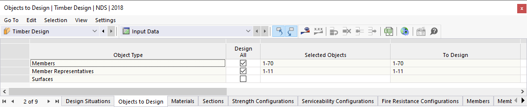 Input Table for Objects to Design in Timber Design
