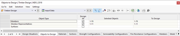 Input Table for Objects to Design in Timber Design