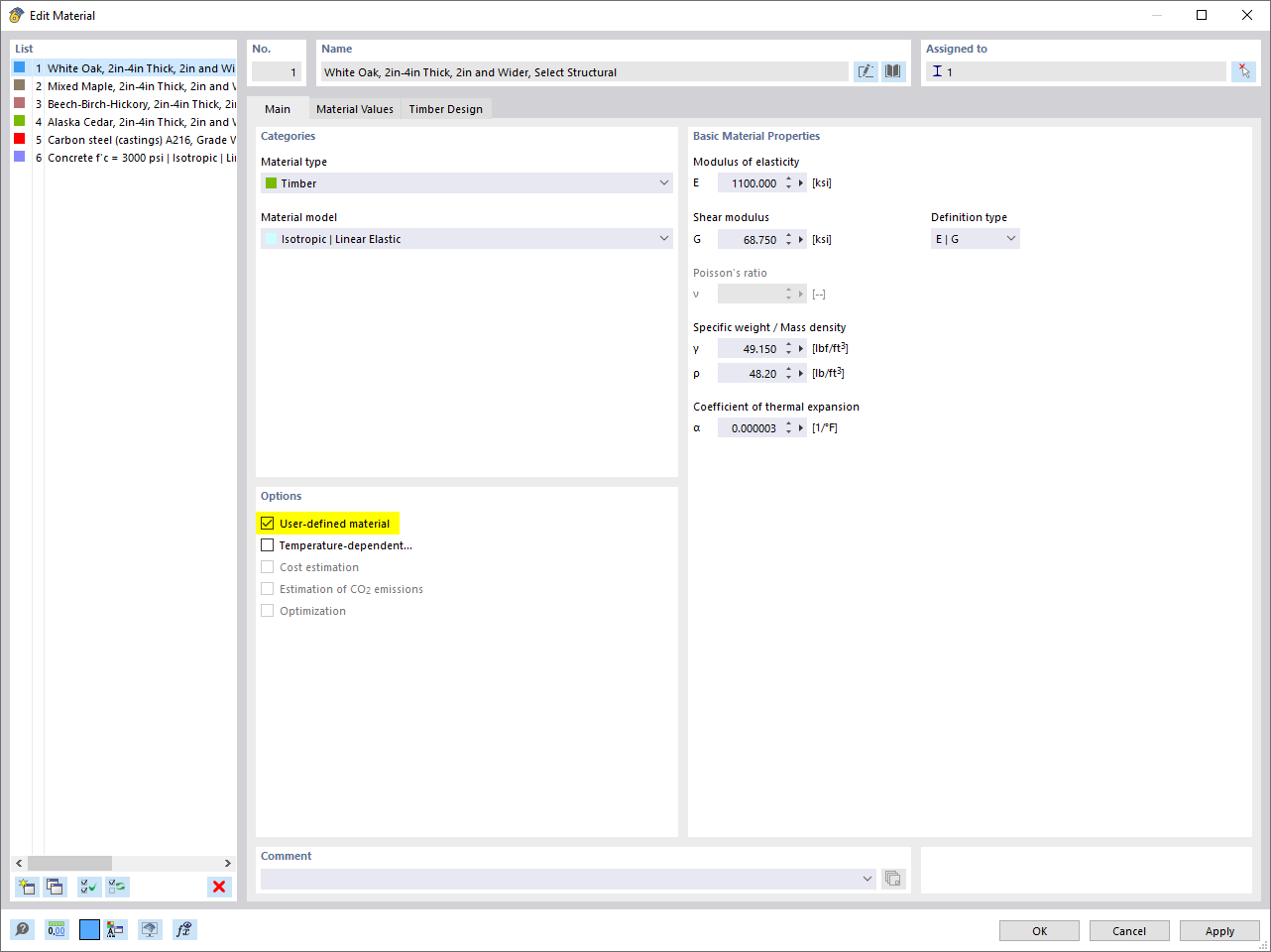 Dialog Box "Edit Material"  | User-Defined Material