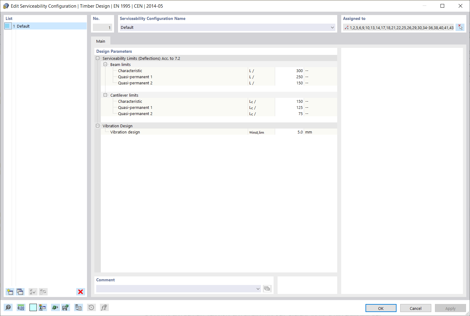 Display of the dialog box for editing the serviceability configuration according to EN 1995 in the software interface.