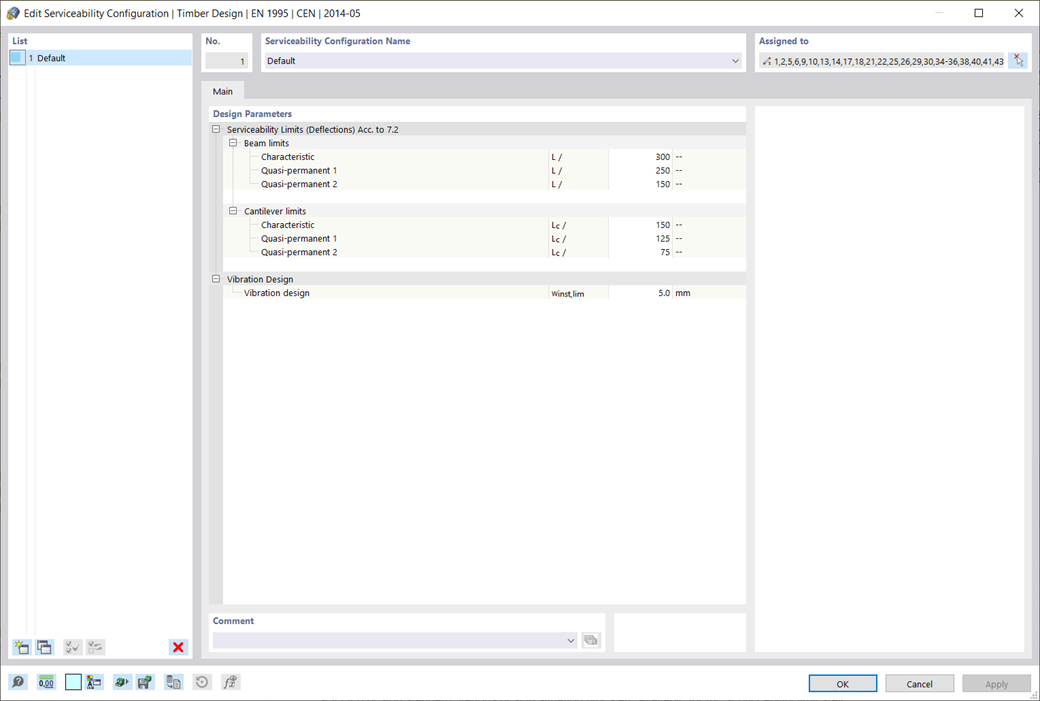 Display of the dialog box for editing the serviceability configuration according to EN 1995 in the software interface.