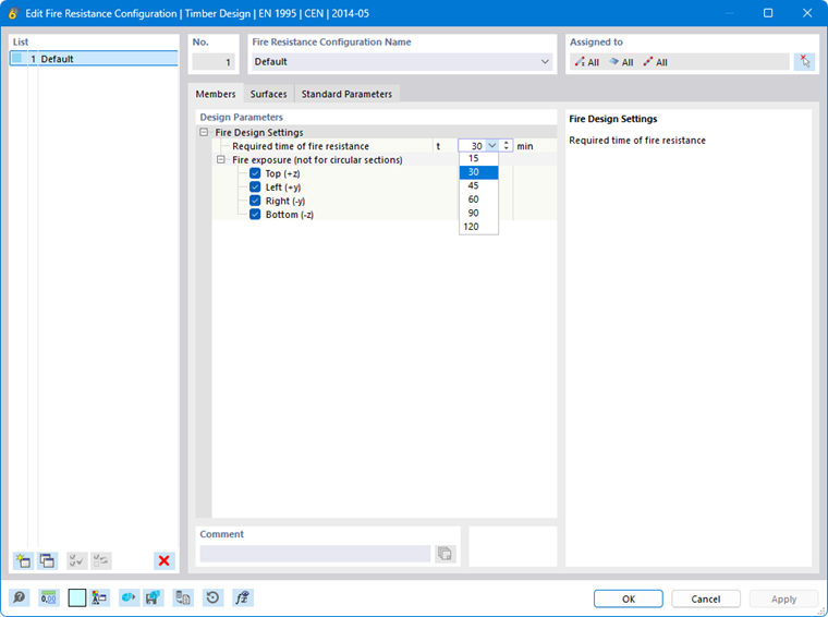 Dialog Box "Editing Fire Resistance Configuration | EN 1995"