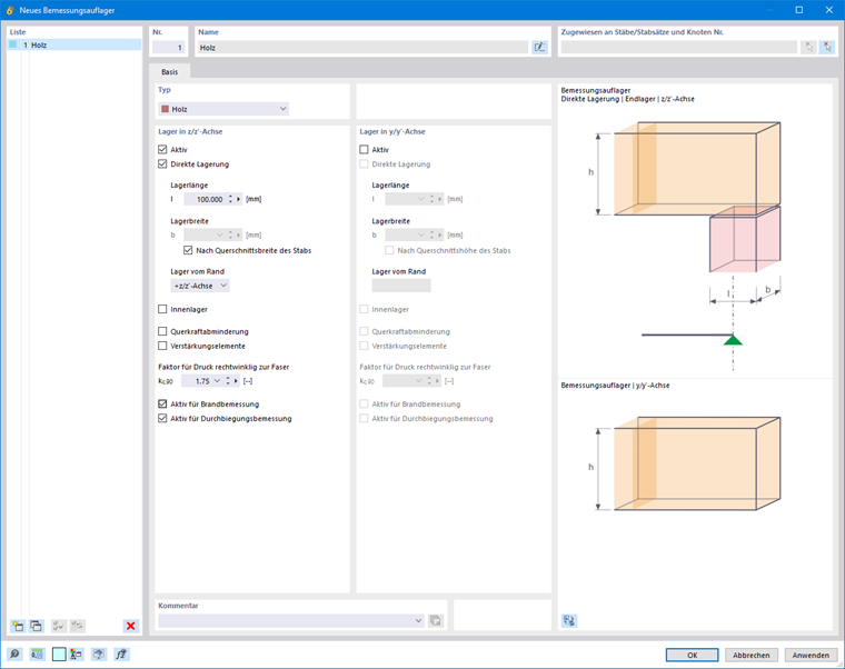 Dialog box displaying settings for the foundation design of timber structures, with options for adapting supports and parameters.