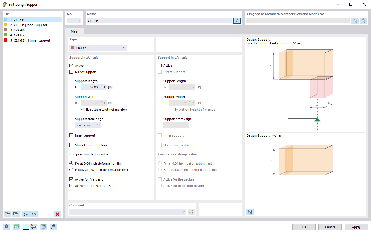 Dialog box displaying settings for the foundation design of timber structures, with options for adapting supports and parameters.