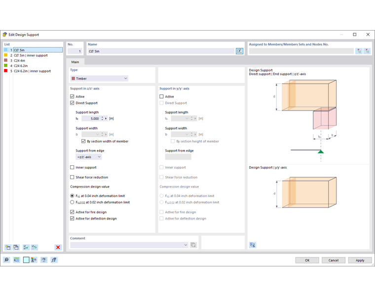 Dialog box displaying settings for the foundation design of timber structures, with options for adapting supports and parameters.