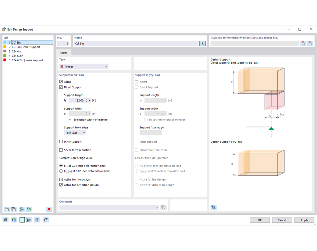 Dialog box displaying settings for the foundation design of timber structures, with options for adapting supports and parameters.