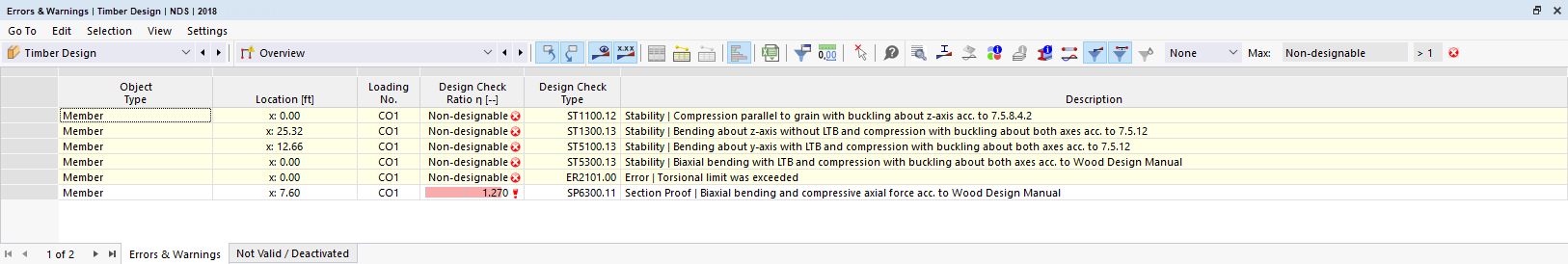Result Table for Errors and Warnings in Steel Design