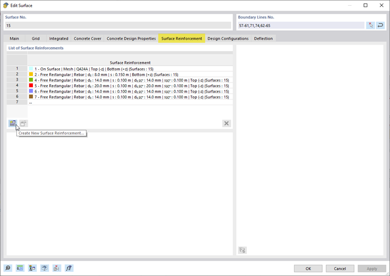 Defining Surface Reinforcement in Dialog Box "Edit Surface"