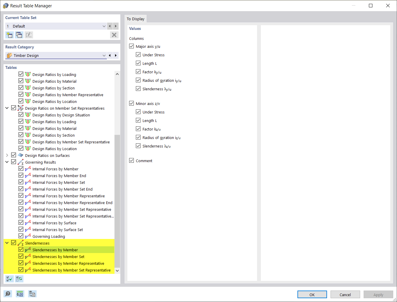 Result Table Manager | Activating Slendernesses