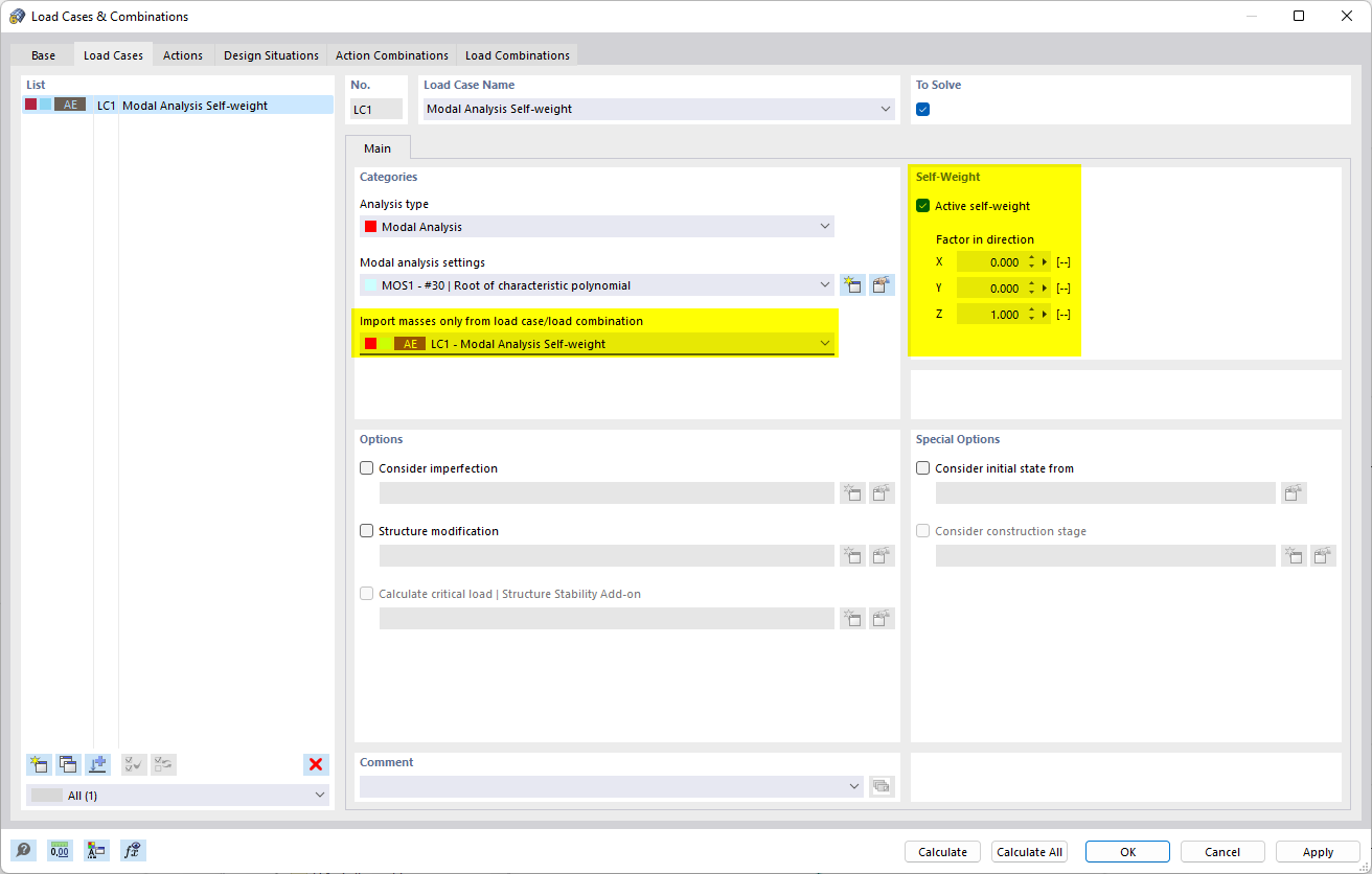 Load Case of "Modal Analysis" Type for Direct Load Transfer