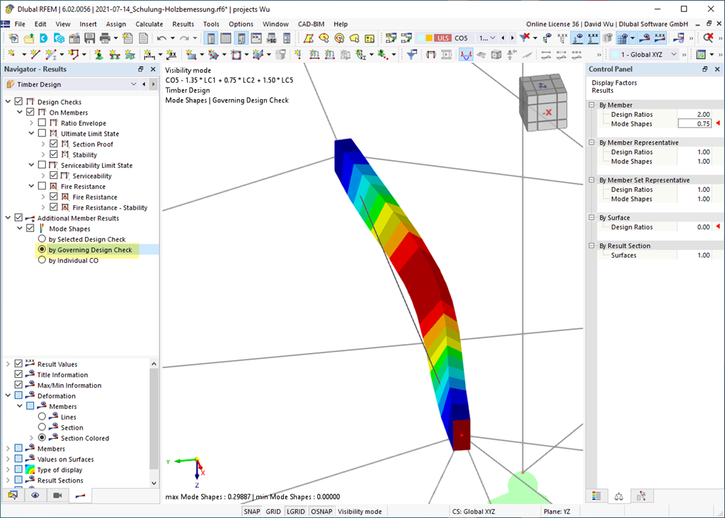 Display of the governing mode shape for timber design when performing the lateral-torsional buckling analysis.