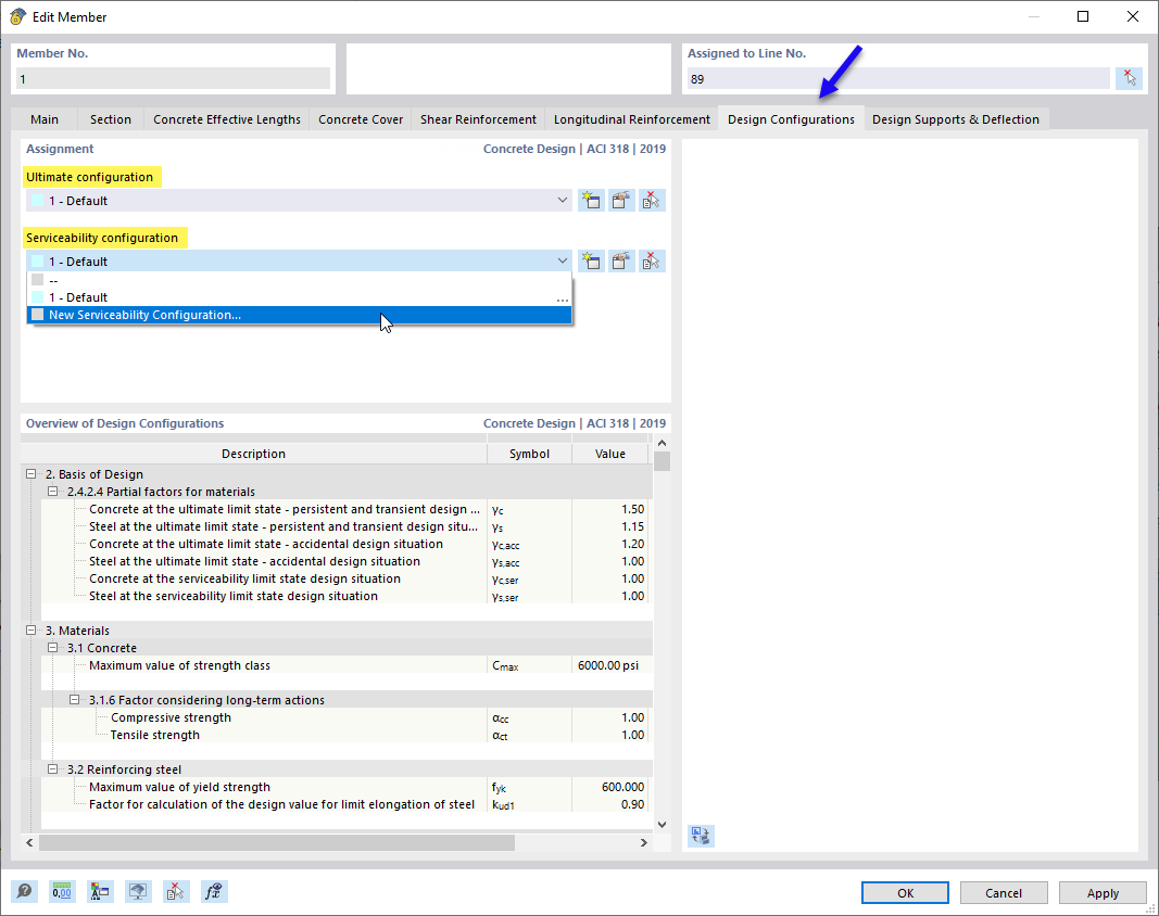 Assigning Design Configurations for Ultimate and Serviceability Limit State to Member