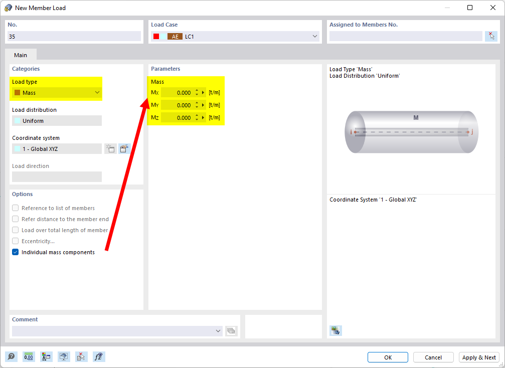 Defining Member Load with "Mass" Load Type