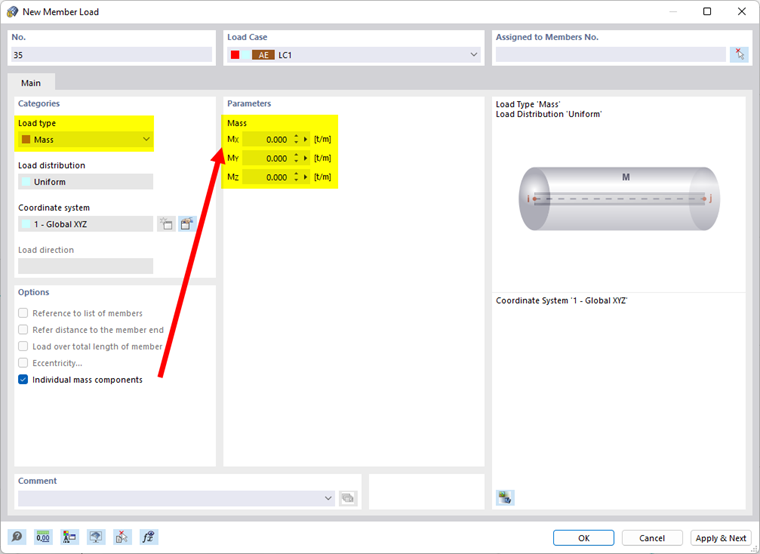 Defining Member Load with "Mass" Load Type