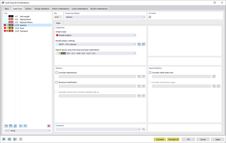 Starting Calculation in Dialog Box "Load Cases and Combinations"
