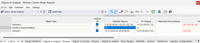 Table "Objects to Analyze – Stresses" for Stress-Strain Analysis
