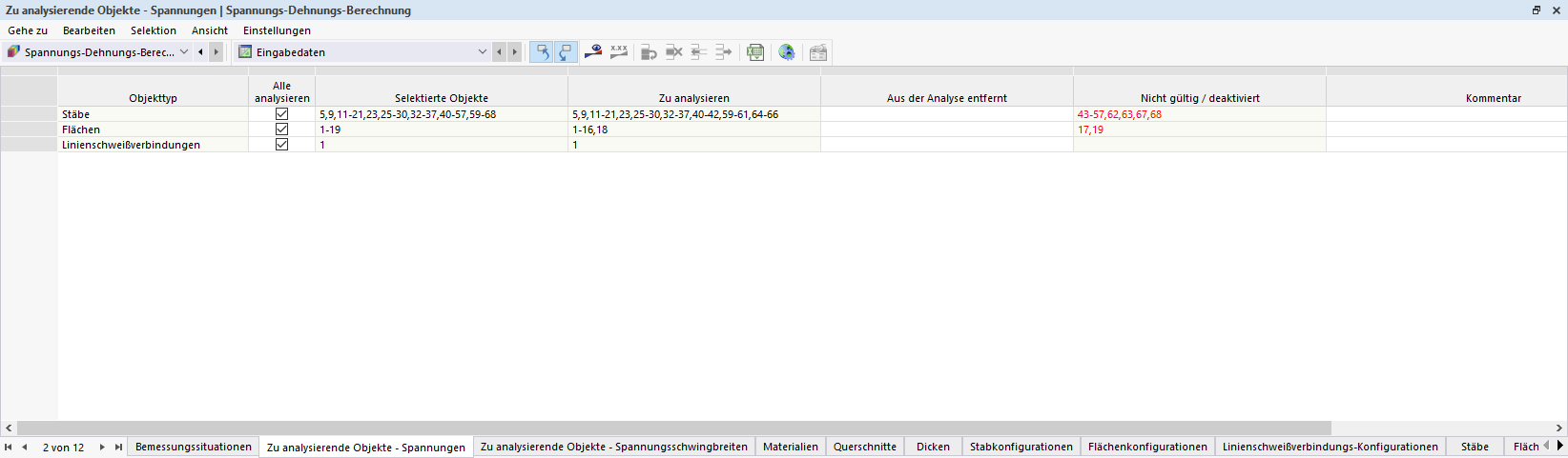 Input Table for Objects to Analyze - Stress Ranges