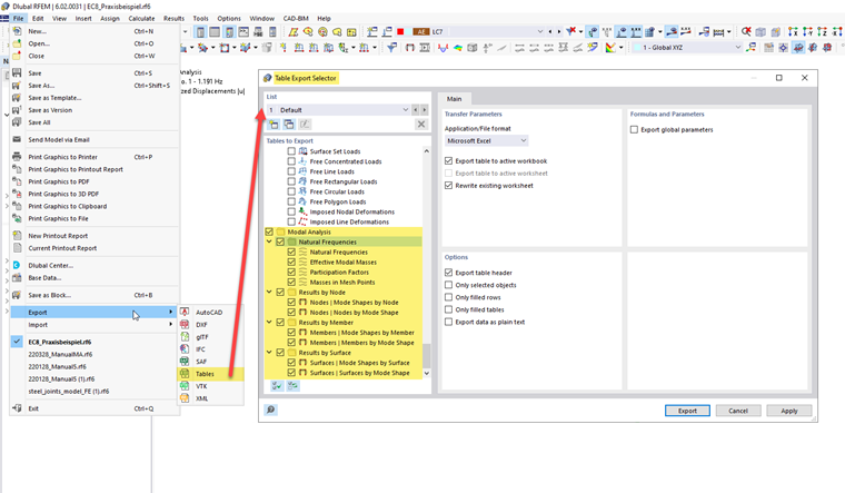 Selecting Tables for Export