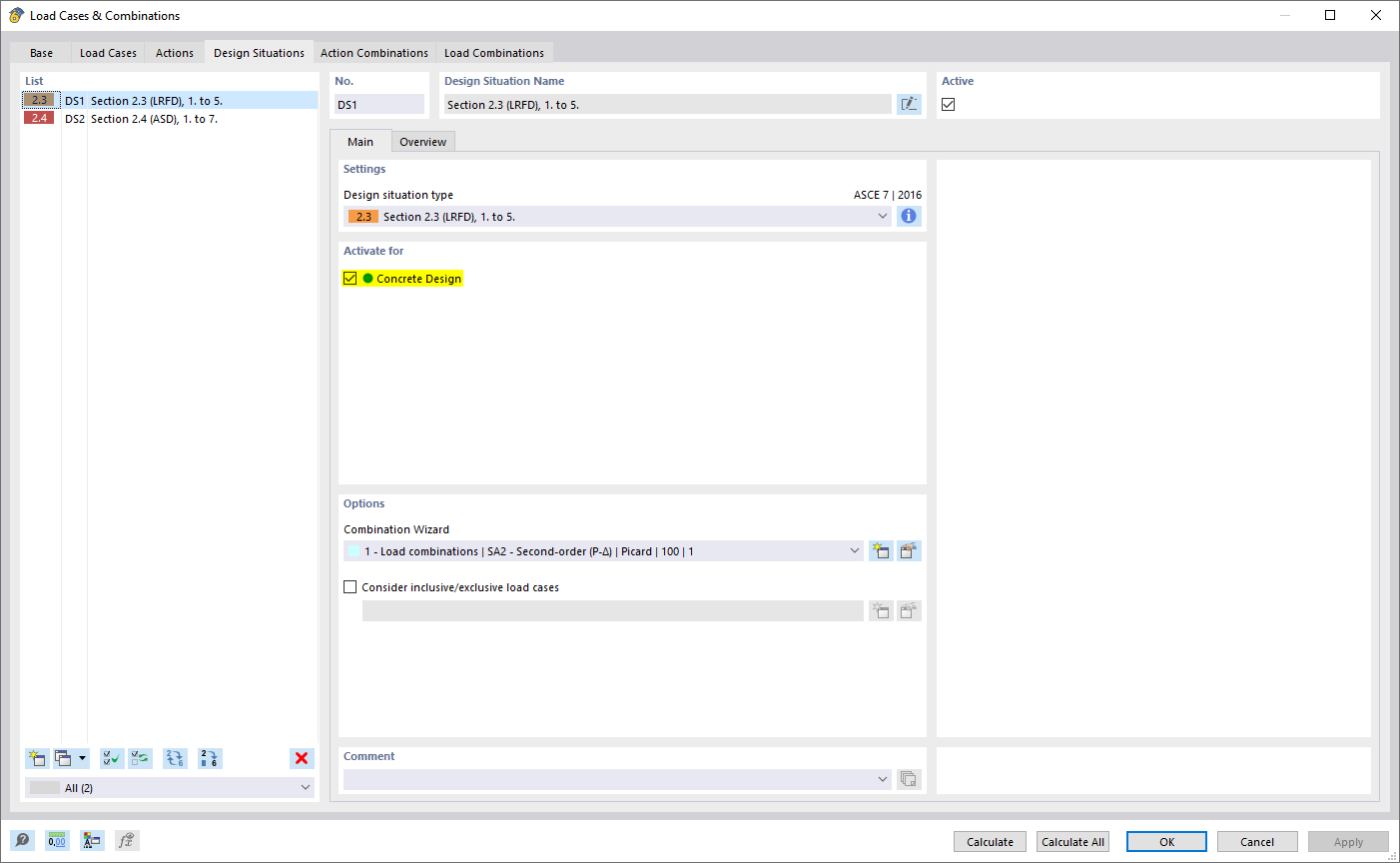 Activating Design Situation for Concrete Design