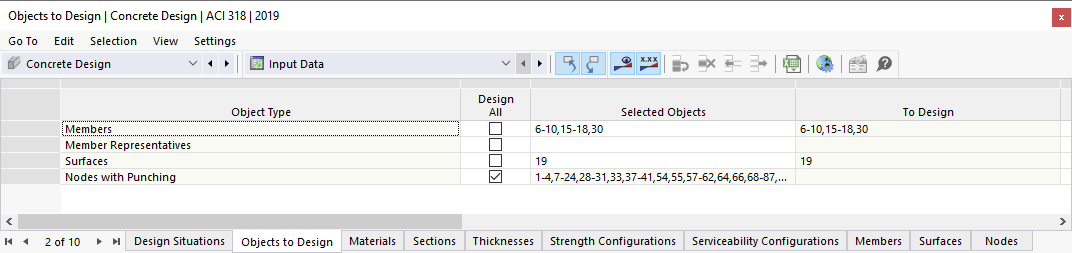 Table "Objects to Design" for Concrete Design