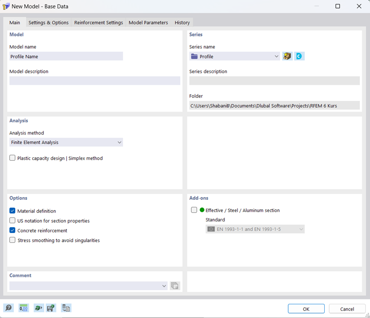 Dialog Box "New Model – Base Data", Tab "Main"
