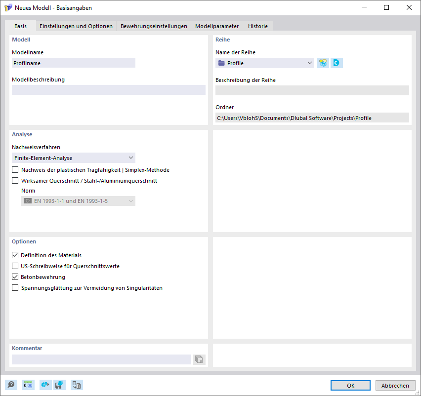 Dialog Box "New Model – Base Data", Tab "Main"