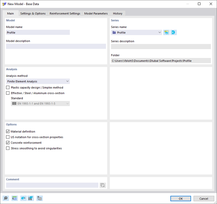 Dialog Box "New Model – Base Data", Tab "Main"