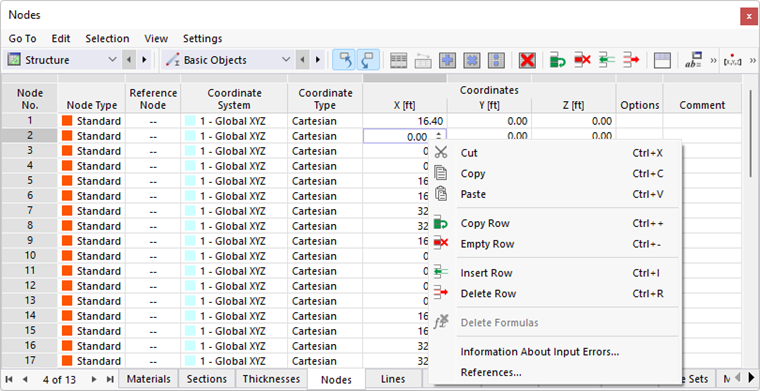 Functions in Shortcut Menu of Table