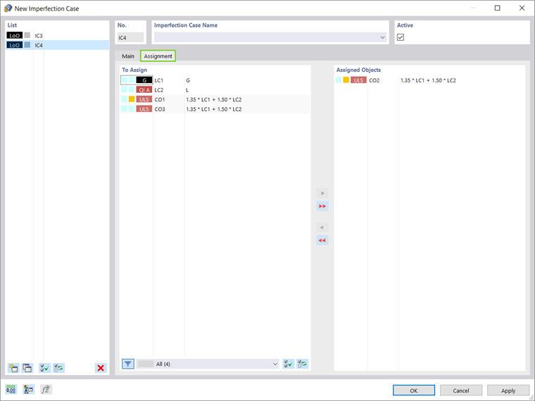 Assignment of Imperfection Case to Existing Loads and/or Load Cases