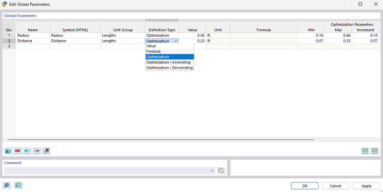 Defining global parameters for optimization