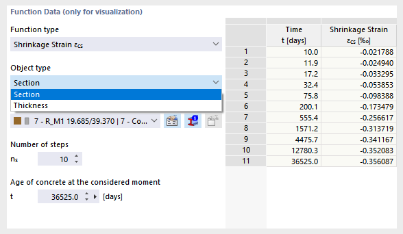 Selecting Object Type: Thickness or Section