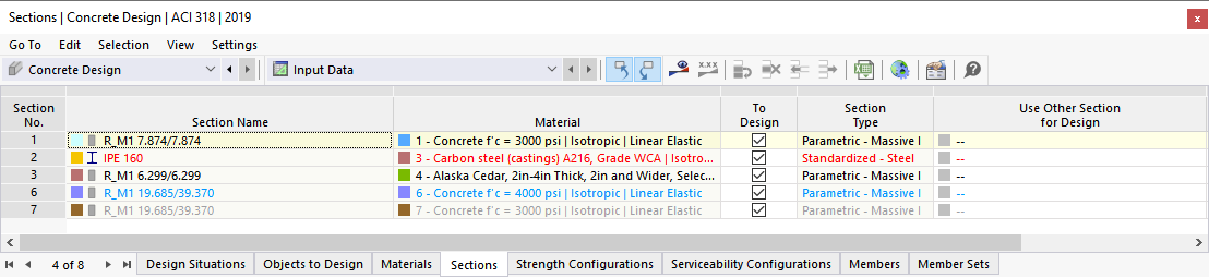 Table "Sections" for Concrete Design