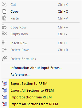 Shortcut Menu for Section Export or Import
