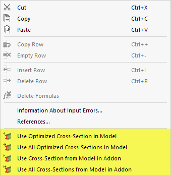 Shortcut menu with options for the export or import of a cross-section