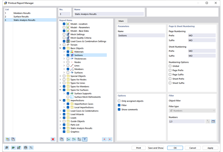 Dialog Box "Printout Report Manager"