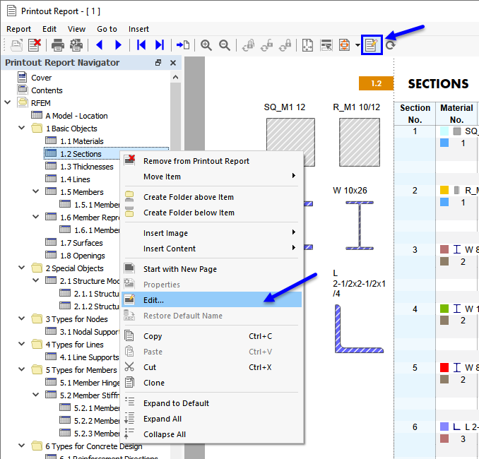 Button "Edit Printout Report" and Shortcut Menu