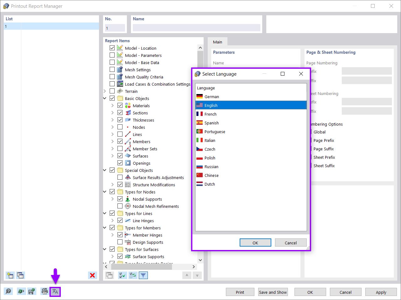 Selecting Printout Report Language