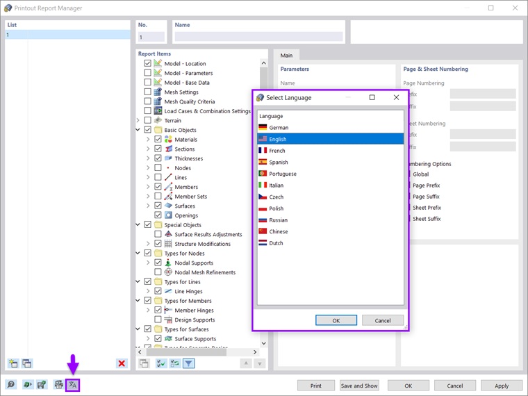 Selecting Printout Report Language