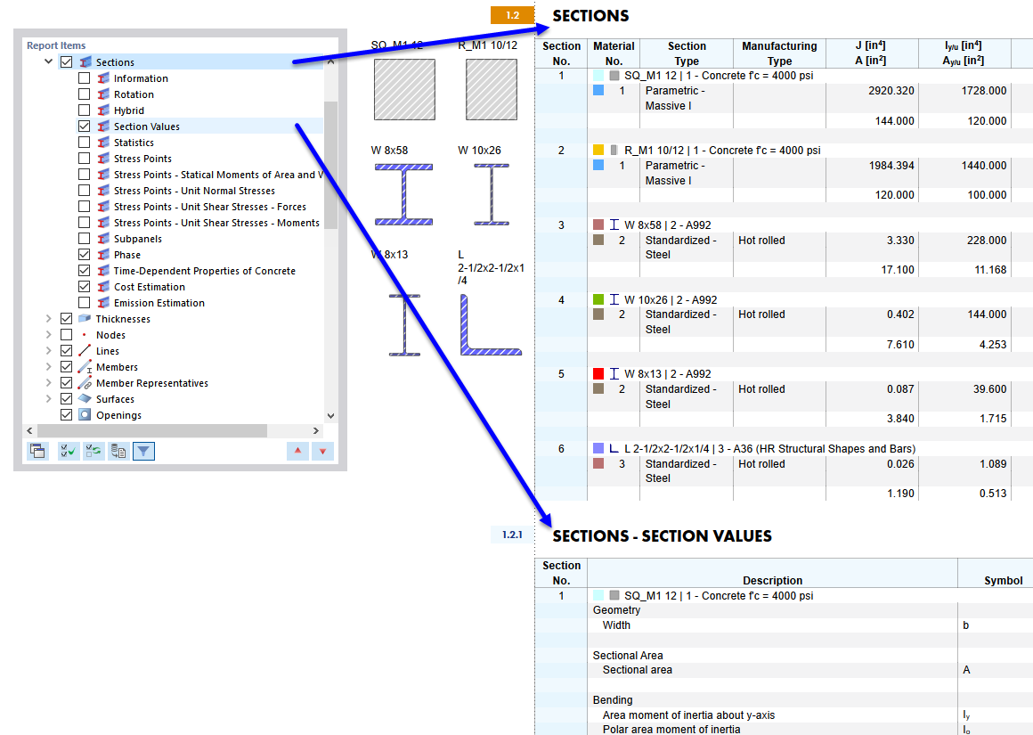 Selected Report Items (left) and Chapter Content (right)