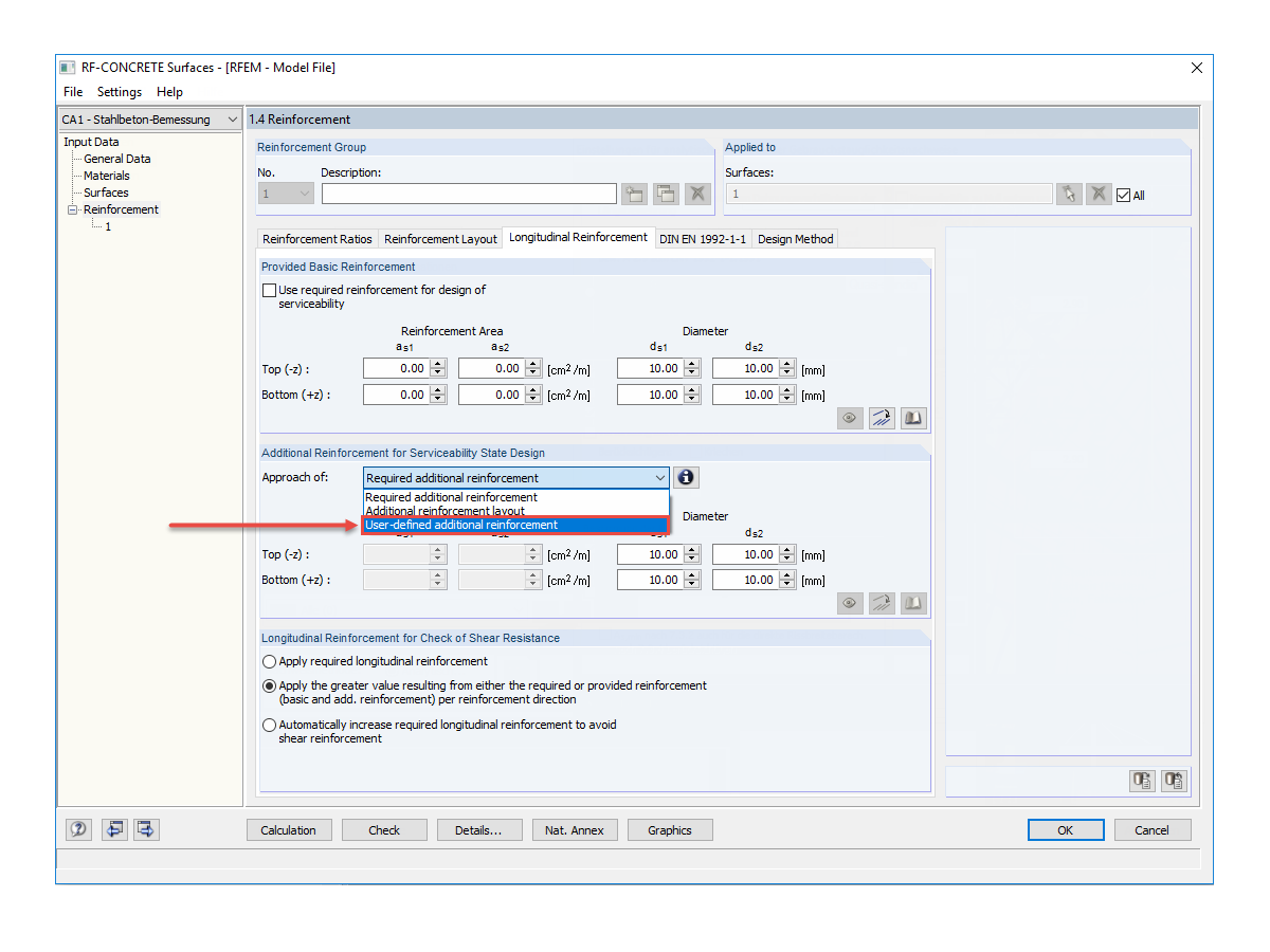 FAQ 005192 | Why is it not possible to select the user-defined additional reinforcement for the serviceability limit state design?