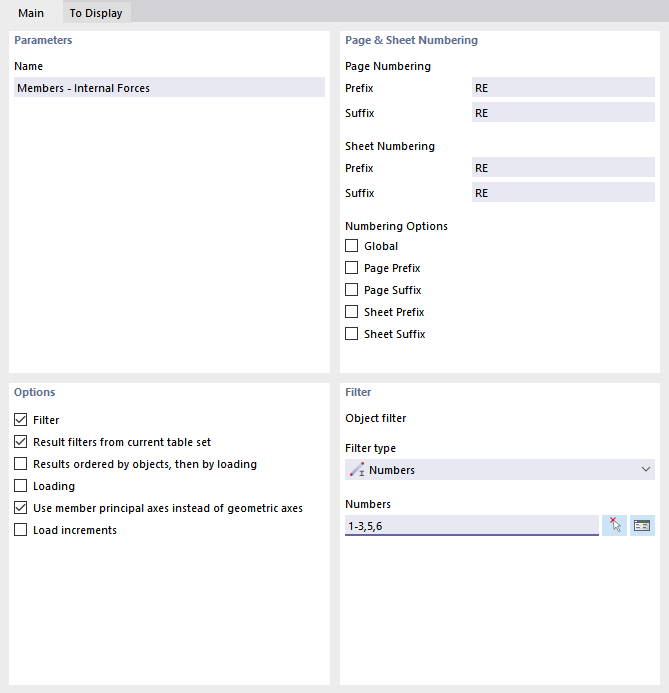 Tab "Main" for Member Internal Forces
