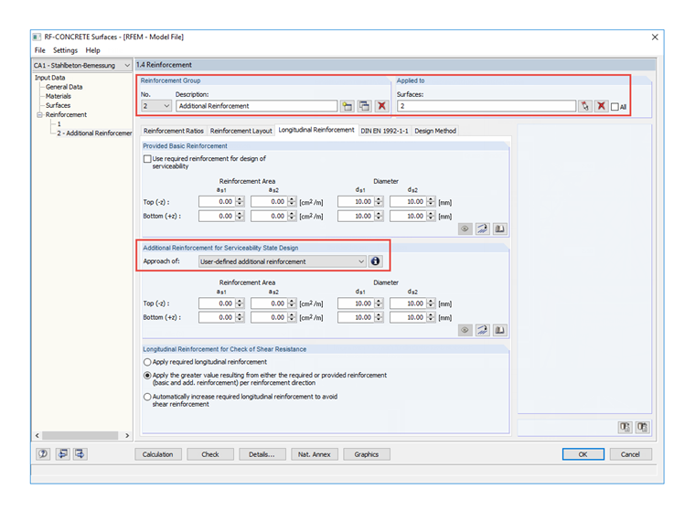 FAQ 005193 | Is it possible to only define the user-defined additional reinforcement in certain areas of a surface in RF‑CONCRETE Surfaces, while the rest
